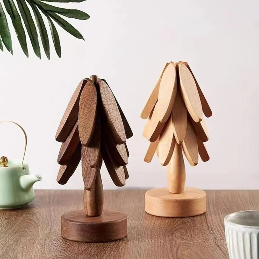 Wooden Trivets for Hot Dishes-Tree Shape Trivet Set, 4 Walnut Wood + 1 Stand sto